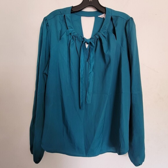 Nanette Lepore Teal Blue Long Sleeve Tie Front Keyhole Back Blouse Top Size XL - Picture 1 of 12